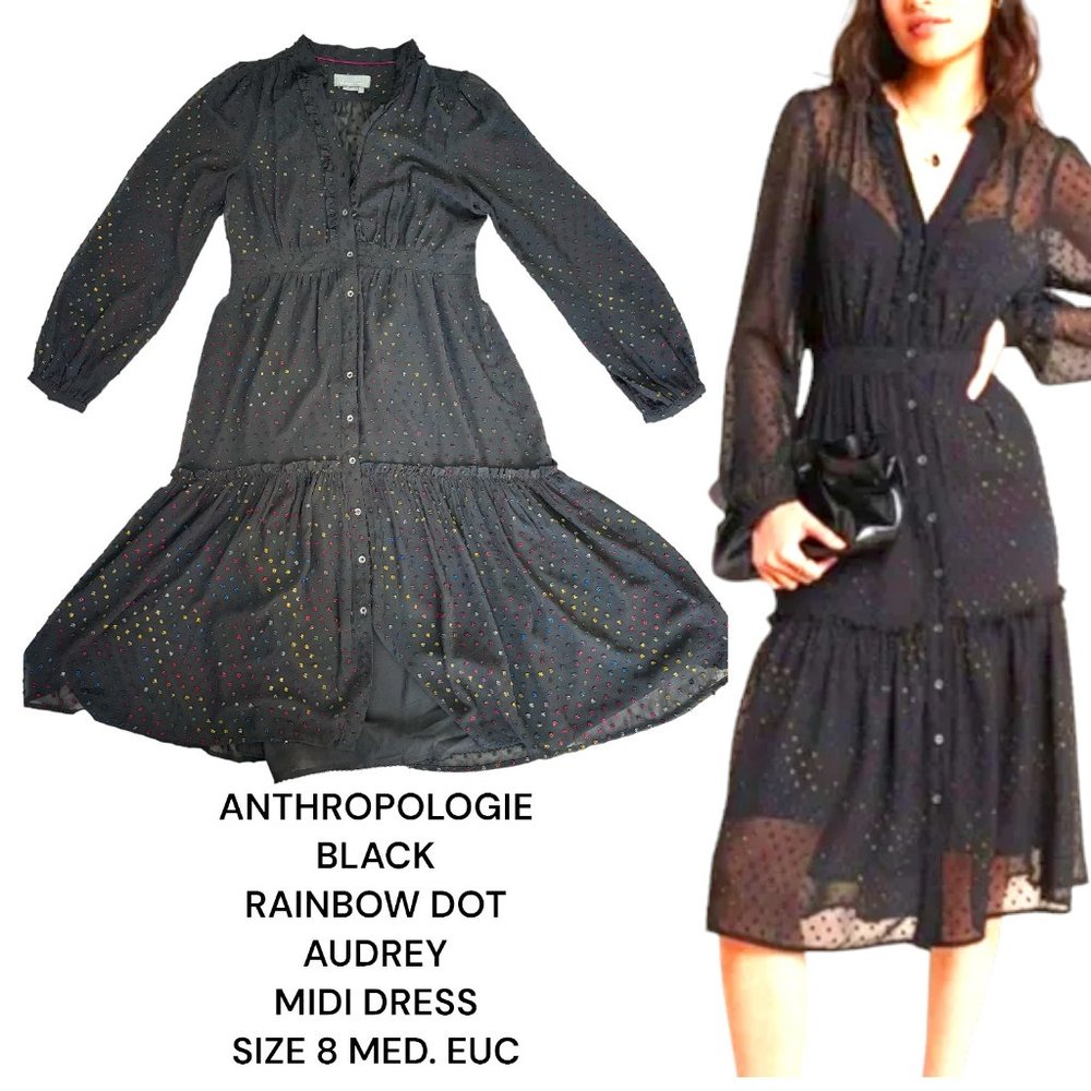 ANTHROPOLOGIE BLACK RAINBOW DOT MIDI AUDREY DRESS SIZE 8 MEDIUM EUC